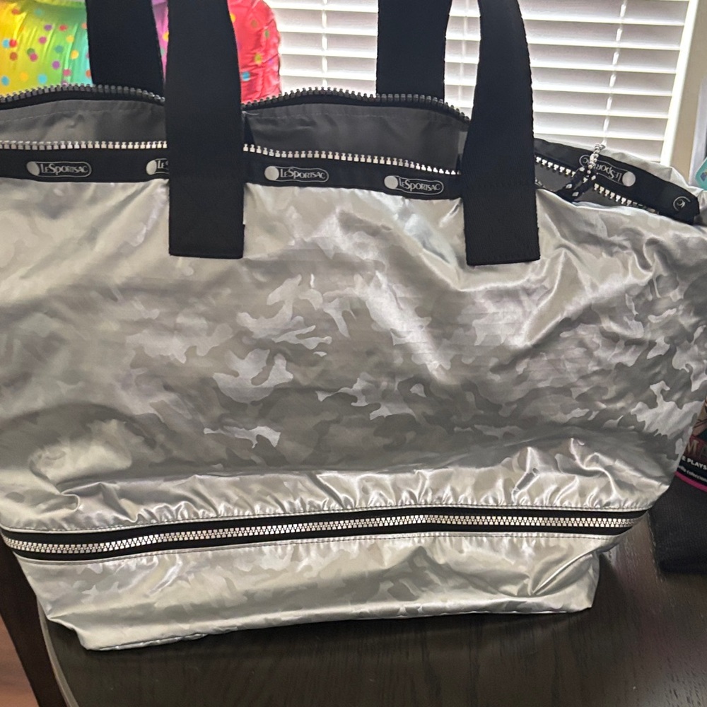 LeSportsac Metallic Silver Tote with Black Accents